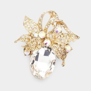 Oval Stone Accented Metal Leaf Pin Brooch